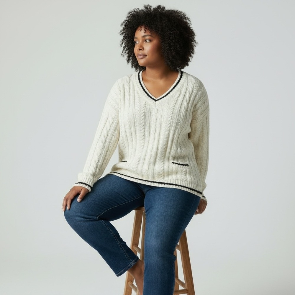 TALBOTS White Tennis Sweater‎ 3X Petite Cable Knit V-Neck Preppy Varsity Prep
